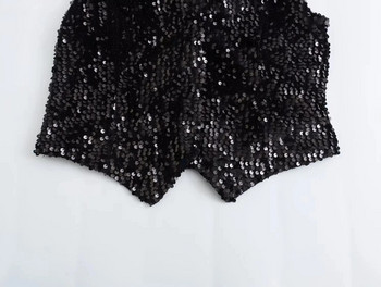 TRAF 2024 Sequin Μαύρο γιλέκο Γυναικείο κομμένο αμάνικο γιλέκο για πάρτι Glitter γιλέκο μόδας φθινοπωρινά κοντά παλτό