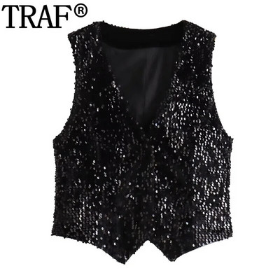 TRAF 2024 vestă neagră cu paiete pentru femei, decupate, fără mâneci, pentru femei, pentru petrecere, vestă cu sclipici, cu buton de modă, toamnă, paltoane scurte