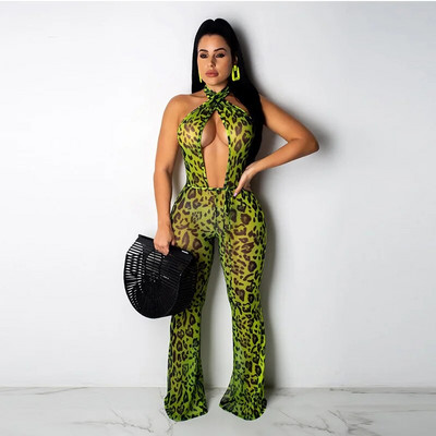 Salopetă sexy cu imprimeu de leopard pentru femei, încrucișată cu șireturi, barceloane fără spate, club de noapte, ținute pentru femei, body cu picioare late