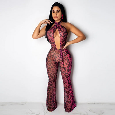 Salopetă sexy cu imprimeu de leopard pentru femei, încrucișată cu șireturi, barceloane fără spate, club de noapte, ținute pentru femei, body cu picioare late
