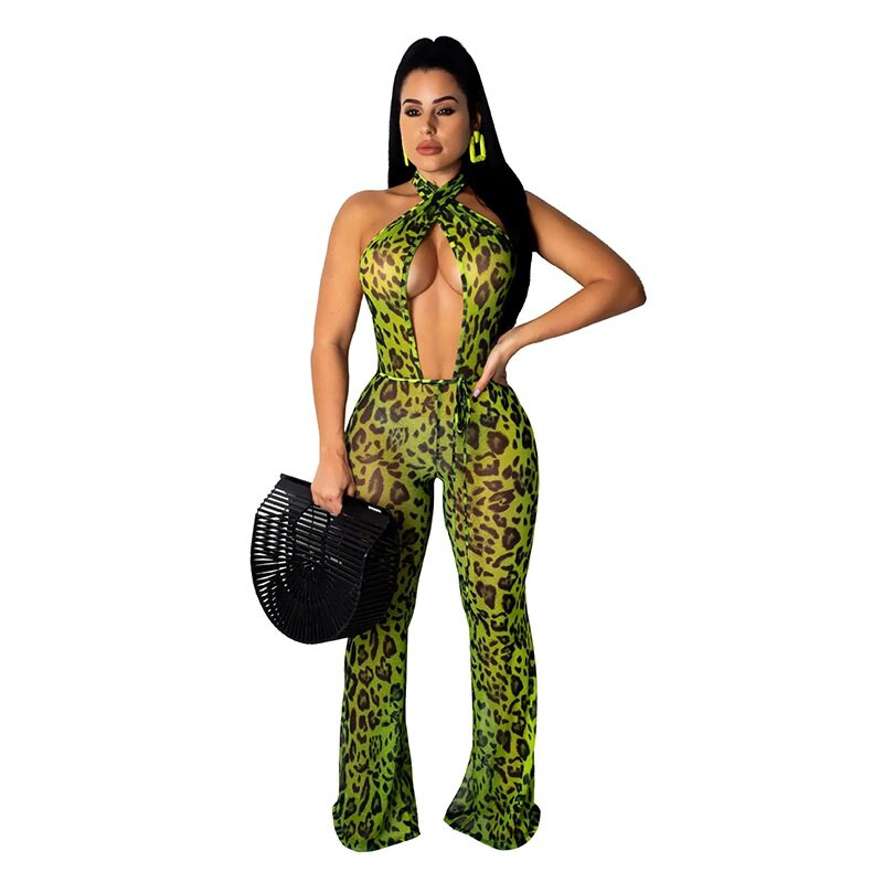 Leopardimustriline seksikas kombinesoon, naiste ristlõikega paelad, päitsed, seljata püksid, ööklubipeo naiste komplektid laia jalaga bodi