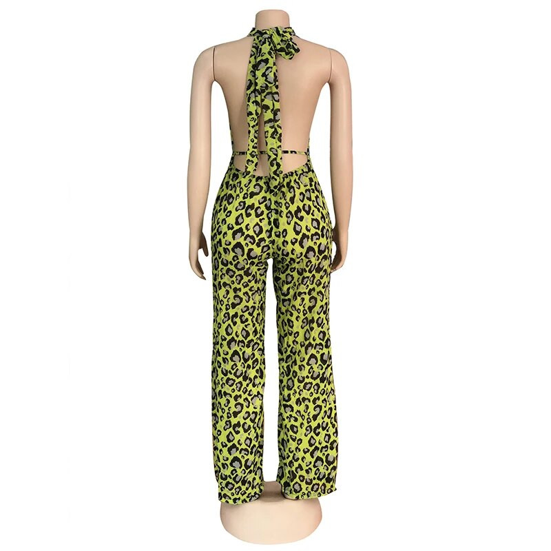 Leopardimustriline seksikas kombinesoon, naiste ristlõikega paelad, päitsed, seljata püksid, ööklubipeo naiste komplektid laia jalaga bodi