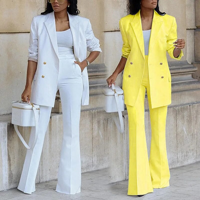 Costumul ocazional la două piept, de toamnă pentru femei, noua culoare solidă, costum cu pantaloni largi, costum din două piese, costum pentru femei, set de blazer, set de birou