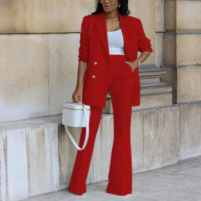 Costumul ocazional la două piept, de toamnă pentru femei, noua culoare solidă, costum cu pantaloni largi, costum din două piese, costum pentru femei, set de blazer, set de birou