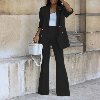 Costumul ocazional la două piept, de toamnă pentru femei, noua culoare solidă, costum cu pantaloni largi, costum din două piese, costum pentru femei, set de blazer, set de birou
