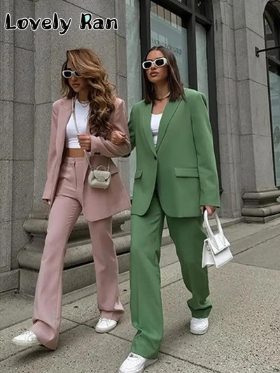 Seturi de pantaloni blazer pentru dama de birou Set de două piese la modă pentru femei, cu decolteu în V, cu mânecă lungă, blazer elegant, cu pantaloni largi, costume Nou în potrivire