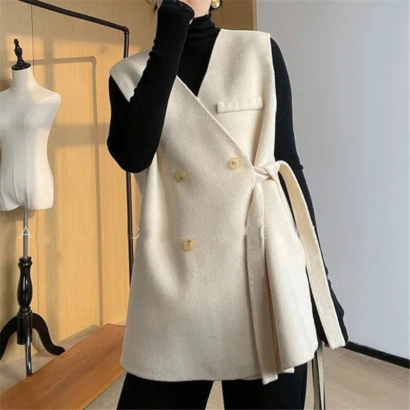 Proljeće jesen Ženski korejski modni široki šik dvoredni kopči bez rukava, ulični vuneni prsluci, prsluk za uredske dame