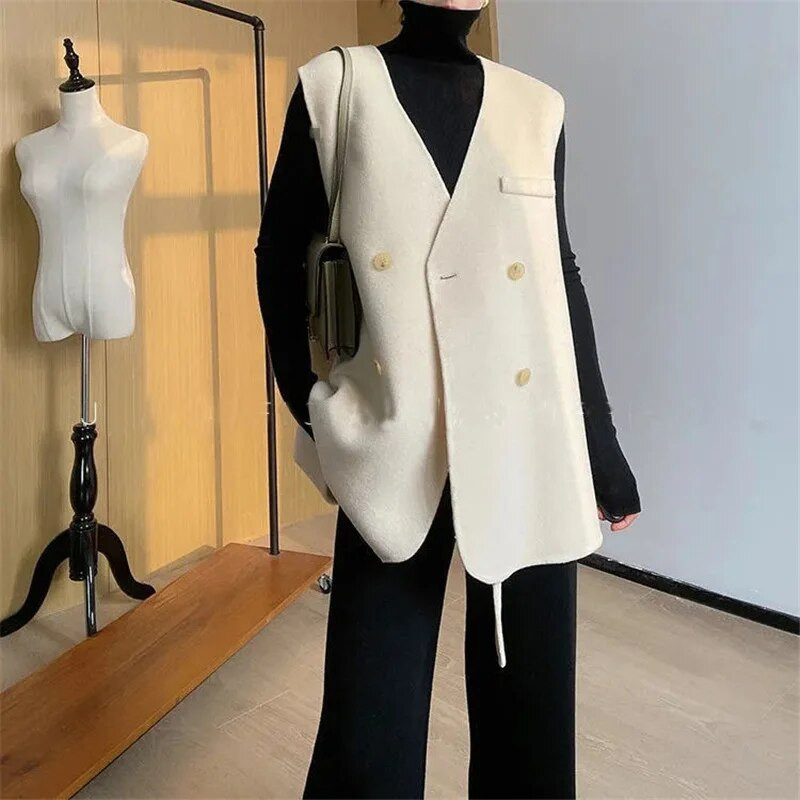 Proljeće jesen Ženski korejski modni široki šik dvoredni kopči bez rukava, ulični vuneni prsluci, prsluk za uredske dame