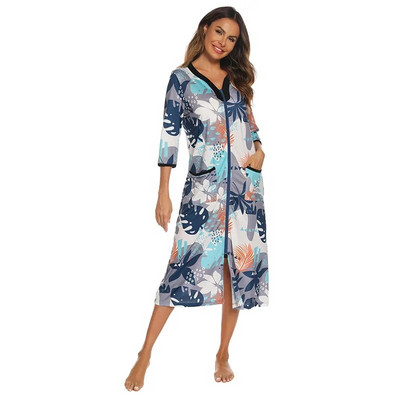 Halat de baie pentru femei de vară cu fermoar Robe lungă largi pentru femei Rochie de noapte cu imprimare Robe de casă pentru femei