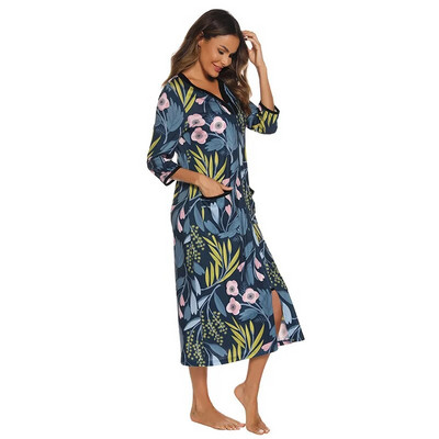 Halat de baie pentru femei de vară cu fermoar Robe lungă largi pentru femei Rochie de noapte cu imprimare Robe de casă pentru femei