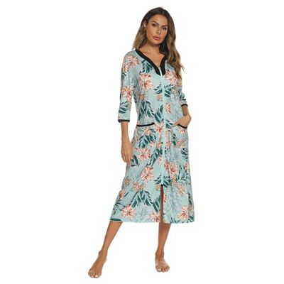 Halat de baie pentru femei de vară cu fermoar Robe lungă largi pentru femei Rochie de noapte cu imprimare Robe de casă pentru femei