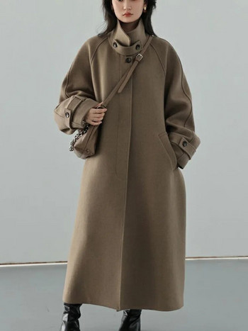 Зимно улично облекло Вълнено палто с широка дължина, корейско топло яке с отложена яка, Дебело едноредно ново палто