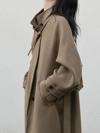 Зимно улично облекло Вълнено палто с широка дължина, корейско топло яке с отложена яка, Дебело едноредно ново палто