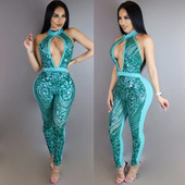 Hollow Out Sexy Club Party Salopete pentru femei Strălucitoare Paiete Halter fără spate Salopete lungi și slabe