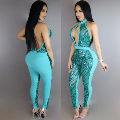 Hollow Out Sexy Club Party Salopete pentru femei Strălucitoare Paiete Halter fără spate Salopete lungi și slabe