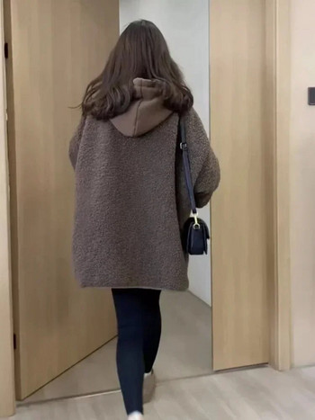 Дамски якета 2023 Есен Зима Ново плюшено яке с имитация на агнешка коса Корейска мода Свободно ежедневно плътно дамско палто с качулка