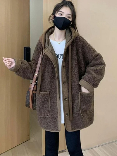 Μπουφάν για γυναίκες 2023 Φθινόπωρο Χειμώνας Νέα απομίμηση Lamb Hair βελούδινο σακάκι Κορεατικής μόδας Χαλαρό casual με κουκούλα μασίφ γυναικείο παλτό