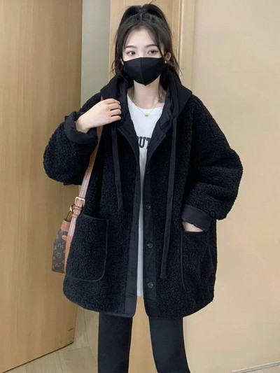 Moteriškos striukės, 2023 m. rudens žiema, naujos imitacijos ėriuko plaukams pliušinė striukė Korėjos mados laisvas laisvalaikio masyvus moteriškas paltas su gobtuvu