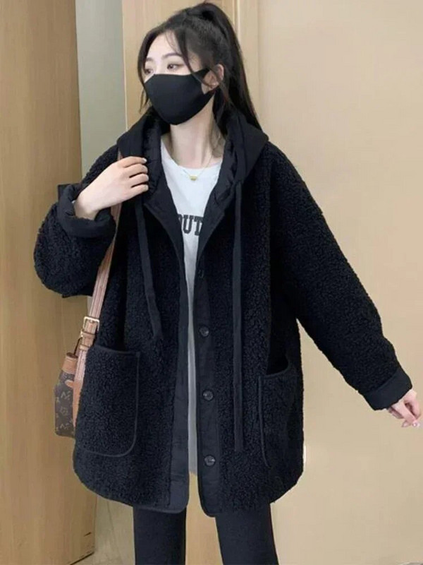 Moteriškos striukės, 2023 m. rudens žiema, naujos imitacijos ėriuko plaukams pliušinė striukė Korėjos mados laisvas laisvalaikio masyvus moteriškas paltas su gobtuvu