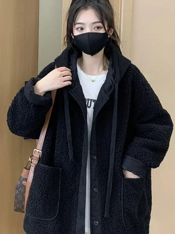 Moteriškos striukės, 2023 m. rudens žiema, naujos imitacijos ėriuko plaukams pliušinė striukė Korėjos mados laisvas laisvalaikio masyvus moteriškas paltas su gobtuvu