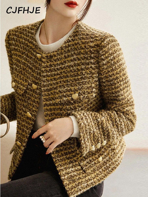 CJFHJE Ženski zlatni kratki vuneni kaput Jesen Zima Novi korejski modni kaput od tvida Elegantna retro ženska gornja odjeća Vunena jakna