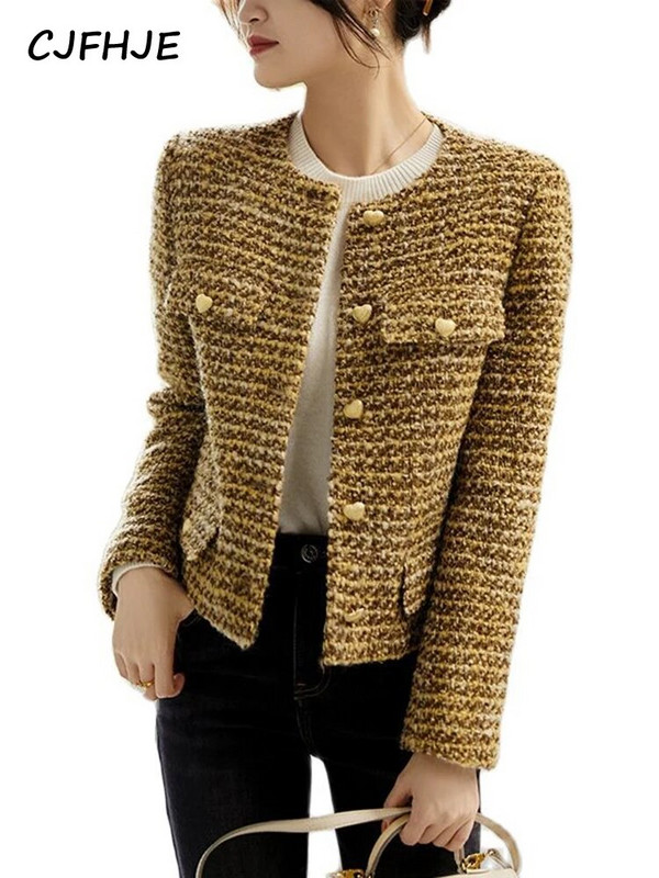 CJFHJE Ženski zlatni kratki vuneni kaput Jesen Zima Novi korejski modni kaput od tvida Elegantna retro ženska gornja odjeća Vunena jakna