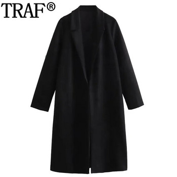 TRAF 2023 Faux Suede Μακρύ παλτό Γυναικείο Μακρυμάνικο Ζακέτα Γυναικείο Φθινοπωρινό Χειμερινό Μπεζ Μαύρο Παλτό Γυναικείο Κομψό Γυναικείο παλτό