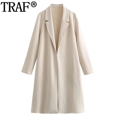 TRAF 2023 Dugi kaput od umjetne antilop kože Ženski kardigan dugih rukava Jesen Zima Bež crni kaput Ženski elegantni ženski kaput