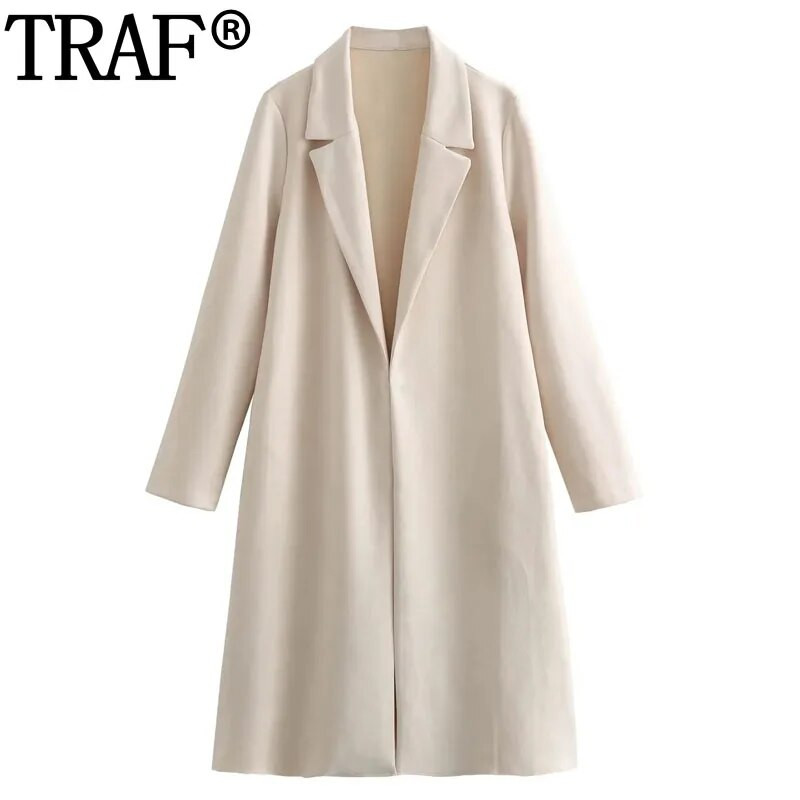TRAF 2023 Dugi kaput od umjetne antilop kože Ženski kardigan dugih rukava Jesen Zima Bež crni kaput Ženski elegantni ženski kaput