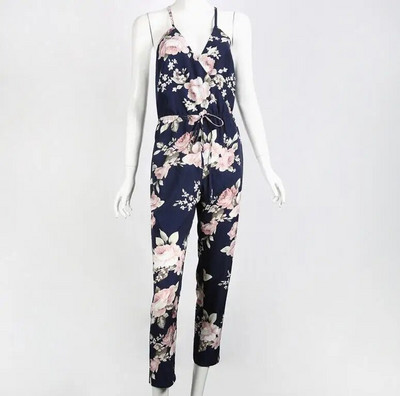 Salopetă de vară cu imprimeuri florale pentru femei Salopetă sexy cu decolteu în V, fără spate, pe plajă, cu cureaua bodycon, salopetă elegantă pentru femei, pantaloni lungi