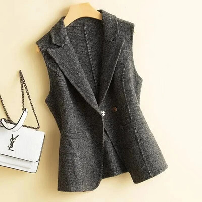 Costum guler vestă din tweed jachetă feminină toamnă și iarnă noua versiune coreeană a temperamentului modei bluză casual jachetă cal