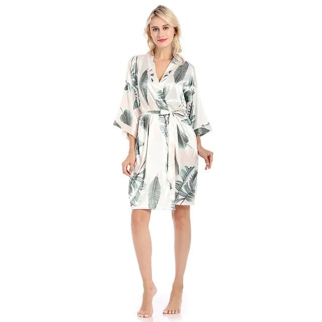 Ženski ogrtač s bijelim printom Ljetni satenski kućni ogrtač Ležerna spavaćica Femme Loungewear Široka kimono haljina Kućni ogrtač