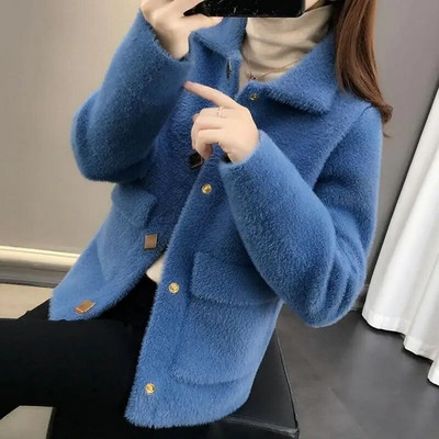 Jachetă din catifea din nurcă imitație femei 2021, primăvară toamnă, jachete pentru mama coreeană, pulover din nurcă imitație, cardigan pentru femei, nasturi