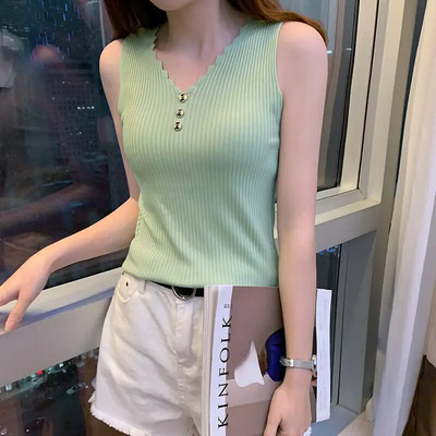 Camolă sport din mătase de gheață nouă, maiou sexy, subțire, stil coreean, ocazional, vestă cu decolteu în V, tricot, moda, topuri fără mâneci, tricou pentru femei