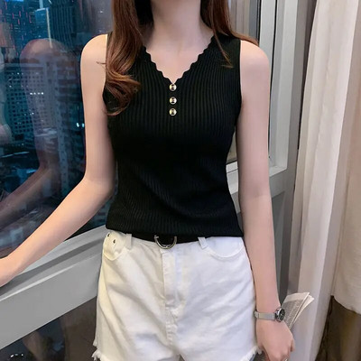 Camolă sport din mătase de gheață nouă, maiou sexy, subțire, stil coreean, ocazional, vestă cu decolteu în V, tricot, moda, topuri fără mâneci, tricou pentru femei