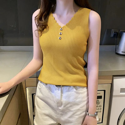 Camolă sport din mătase de gheață nouă, maiou sexy, subțire, stil coreean, ocazional, vestă cu decolteu în V, tricot, moda, topuri fără mâneci, tricou pentru femei