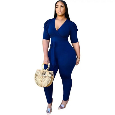 Vară, stil nou, cu mâneci scurte, cu șireturi, pantaloni lungi, cu mâneci plisate, cu decolteu în V adânc, sexy, slabă, în trei culori, la modă.