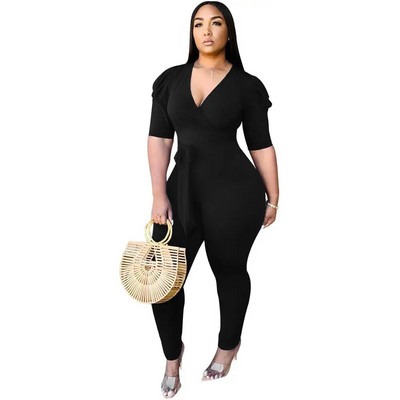 Vară, stil nou, cu mâneci scurte, cu șireturi, pantaloni lungi, cu mâneci plisate, cu decolteu în V adânc, sexy, slabă, în trei culori, la modă.