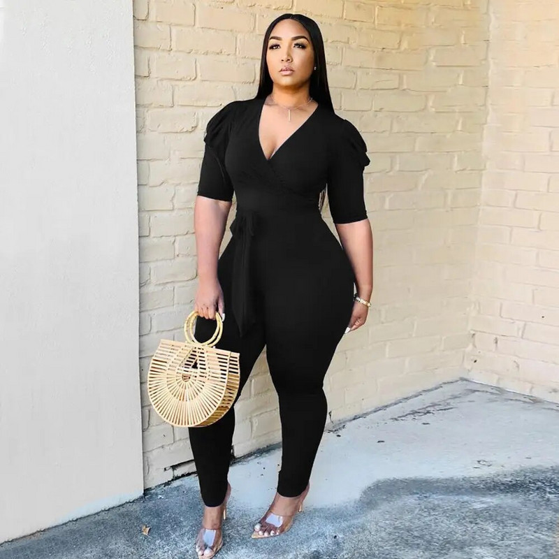 Nyári, új stílusú, rövid ujjú, fűzős nadrág hosszú nadrág, redőzött ujjú, mély V nyakú szexi vékony három színű divatos kombiné