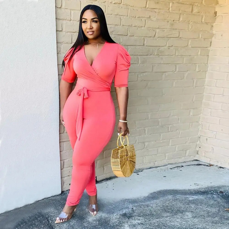 Nyári, új stílusú, rövid ujjú, fűzős nadrág hosszú nadrág, redőzött ujjú, mély V nyakú szexi vékony három színű divatos kombiné