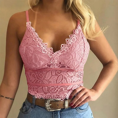 Dantela Floral Y2k Sexy Curea Tancuri Femei Fără Mâneci Camolă Crop Topuri Solide Costuri Vestă Cu Decolteu în V Tricou casual Femeie Top scobit