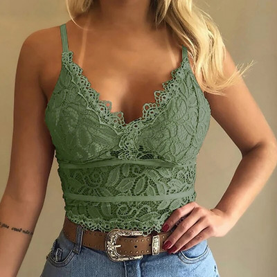 Dantela Floral Y2k Sexy Curea Tancuri Femei Fără Mâneci Camolă Crop Topuri Solide Costuri Vestă Cu Decolteu în V Tricou casual Femeie Top scobit