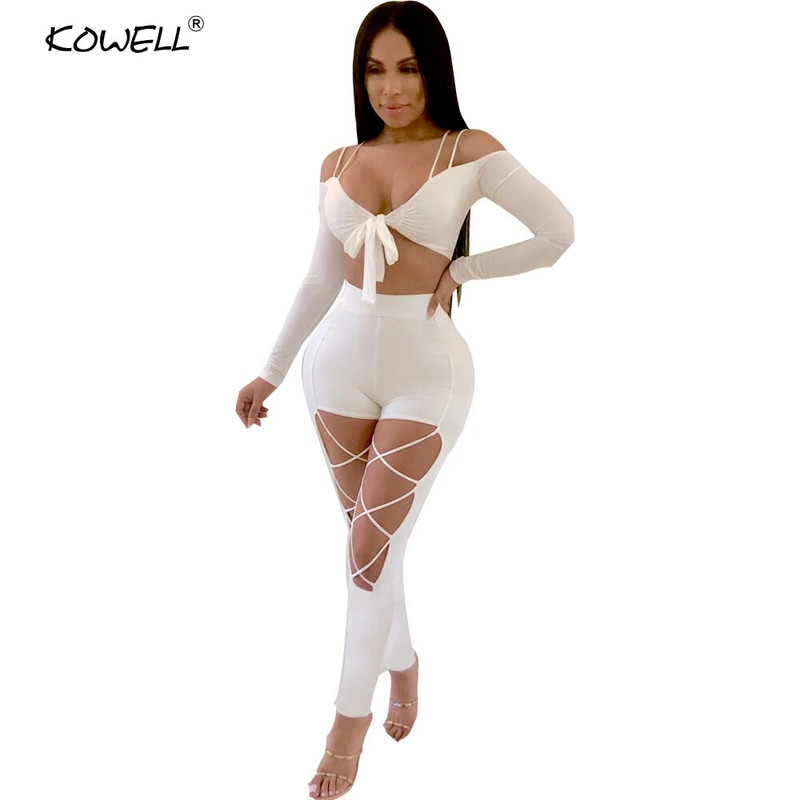 Kowell Hollow Out Παπιγιόν Επίδεσμος Σέξι γυναικεία φόρμα στράπλες σπαγγέτι Skinny καλοκαιρινό σετ δύο τεμαχίων Γυναικεία Rompers Casual