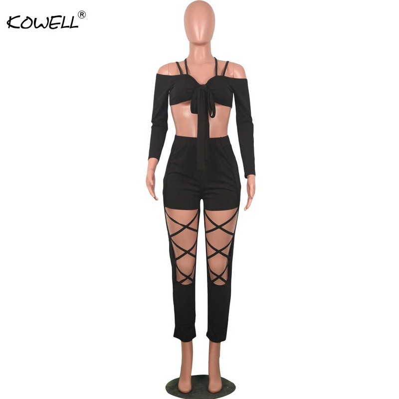 Kowell Hollow Out Παπιγιόν Επίδεσμος Σέξι γυναικεία φόρμα στράπλες σπαγγέτι Skinny καλοκαιρινό σετ δύο τεμαχίων Γυναικεία Rompers Casual