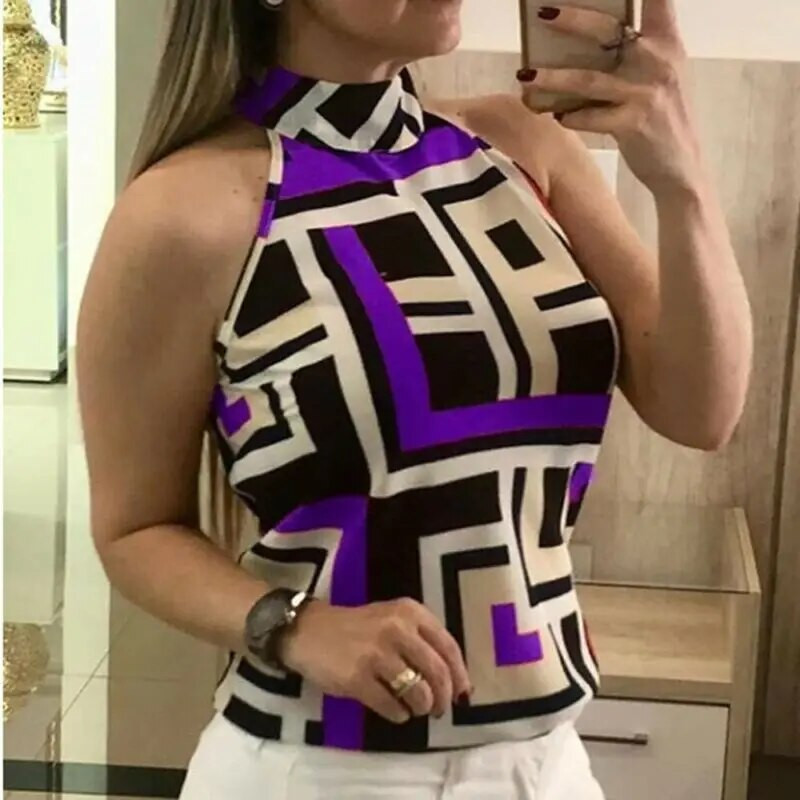 2019 m. didelio dydžio moteriška geometrinė liemenė su apynasriu. Vasarinė madinga rankovių viršutinė rankovė Biuro moteriškos dėmės Viską atitinkanti plona liemenė M-3XL