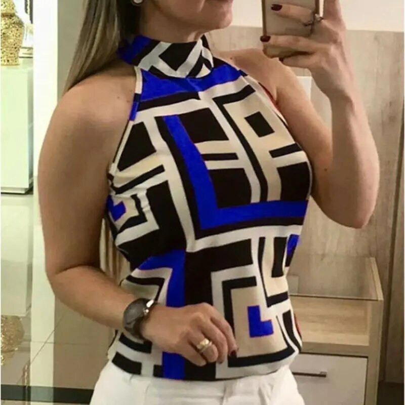 2019 m. didelio dydžio moteriška geometrinė liemenė su apynasriu. Vasarinė madinga rankovių viršutinė rankovė Biuro moteriškos dėmės Viską atitinkanti plona liemenė M-3XL