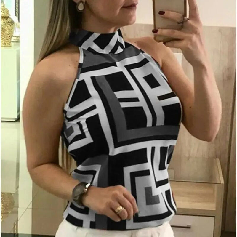 2019 m. didelio dydžio moteriška geometrinė liemenė su apynasriu. Vasarinė madinga rankovių viršutinė rankovė Biuro moteriškos dėmės Viską atitinkanti plona liemenė M-3XL