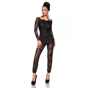 Γυναικεία δαντέλα Floral Μαύρο μακρυμάνικο Jumpsuit Romper Clubwear Sexy Off Shoulder Slash Lack Suit Bodycon Party Παντελόνι Γυναικείο