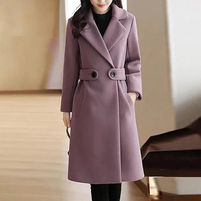 Есенно-зимно дамско палто, едноцветно яке с отложна яка и дълъг ръкав, дебело копче с колан, дамско палто със средна дължина