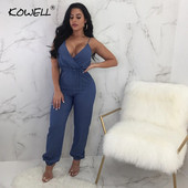 Salopetă de femeie sexy, fără mâneci, denim Kowell, salopetă de vară, cu gât în V adânc, cu bretele fără spate, salopetă lungă pentru fitness, club de petrecere